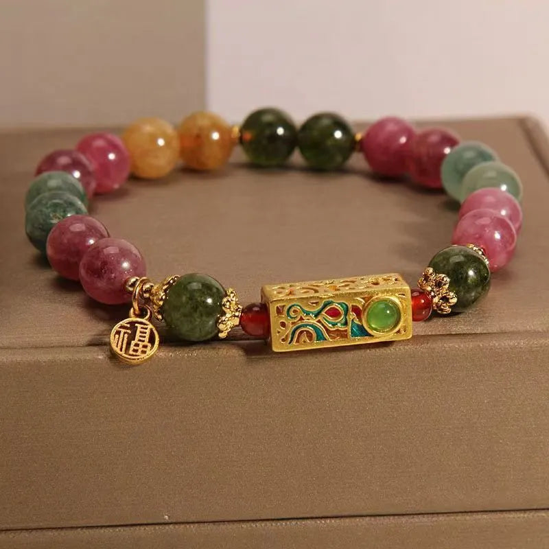 Women's pink crystal bracelet with electroplated alloy charms in geometric fresh style