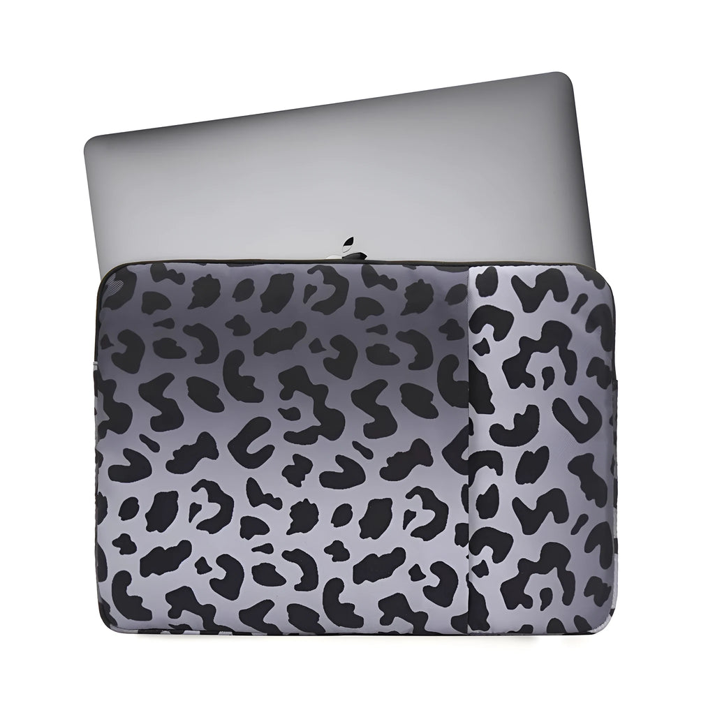 Leopard print laptop sleeve for 13-inch to 16-inch devices with anti-shock flannel lining