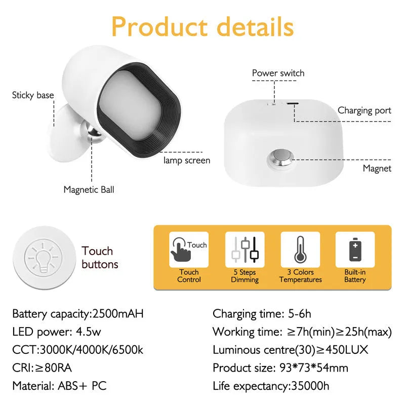 Oval white remote control magnetic wall lamp with USB charging cable on a plain background.