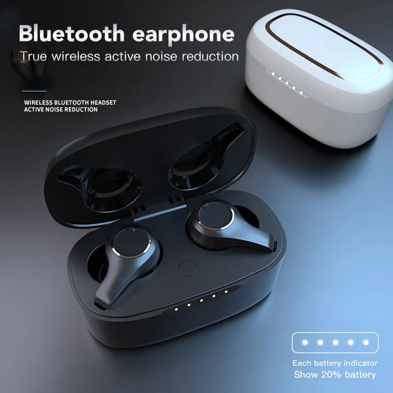 Black and white ANC active noise cancelling Bluetooth headphones with earplug design
