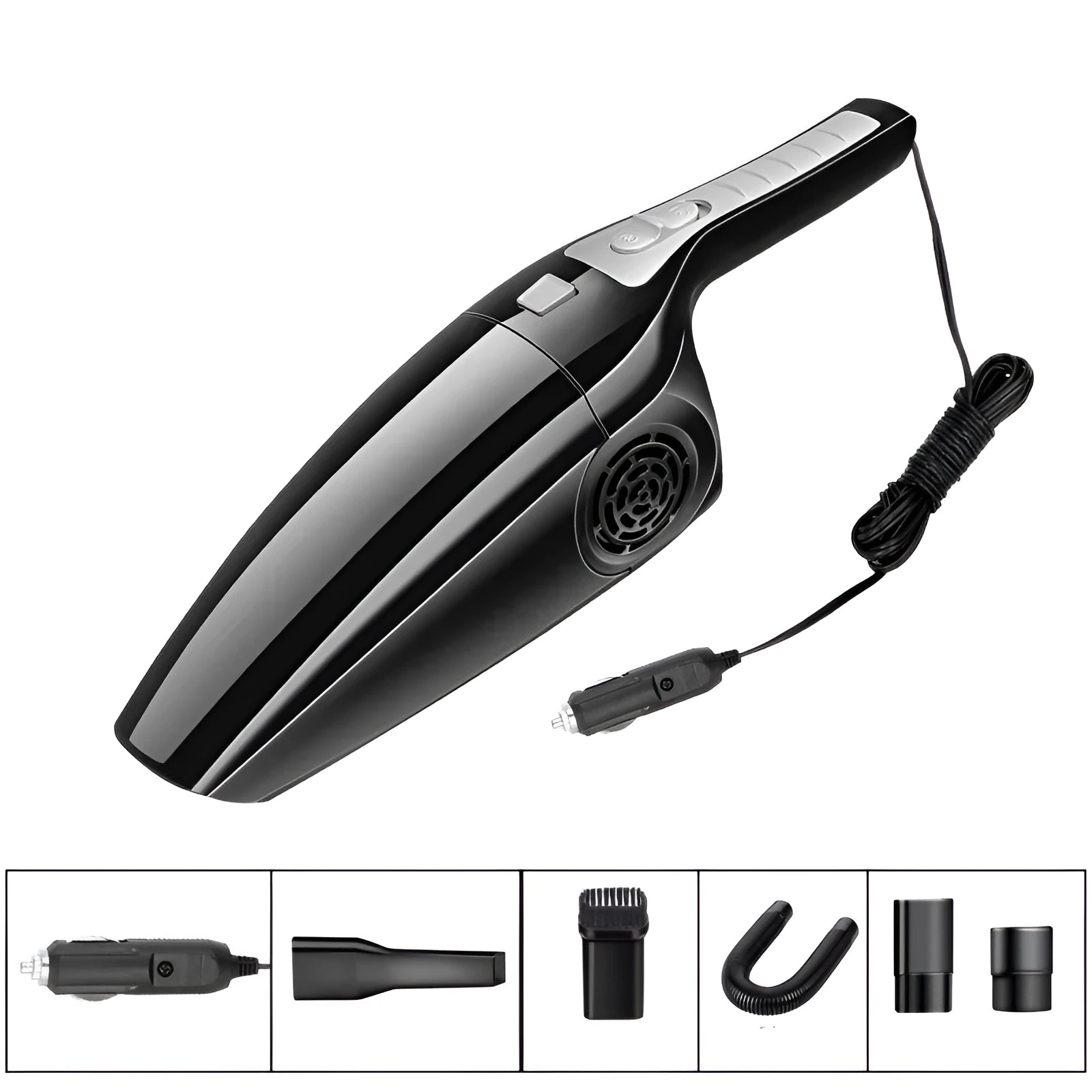 Black and orange handheld car vacuum cleaner with 12V power cord for cigarette lighter socket.