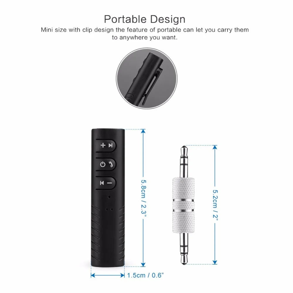 Black Bluetooth audio receiver with 3.5mm AUX jack for car stereo wireless connectivity