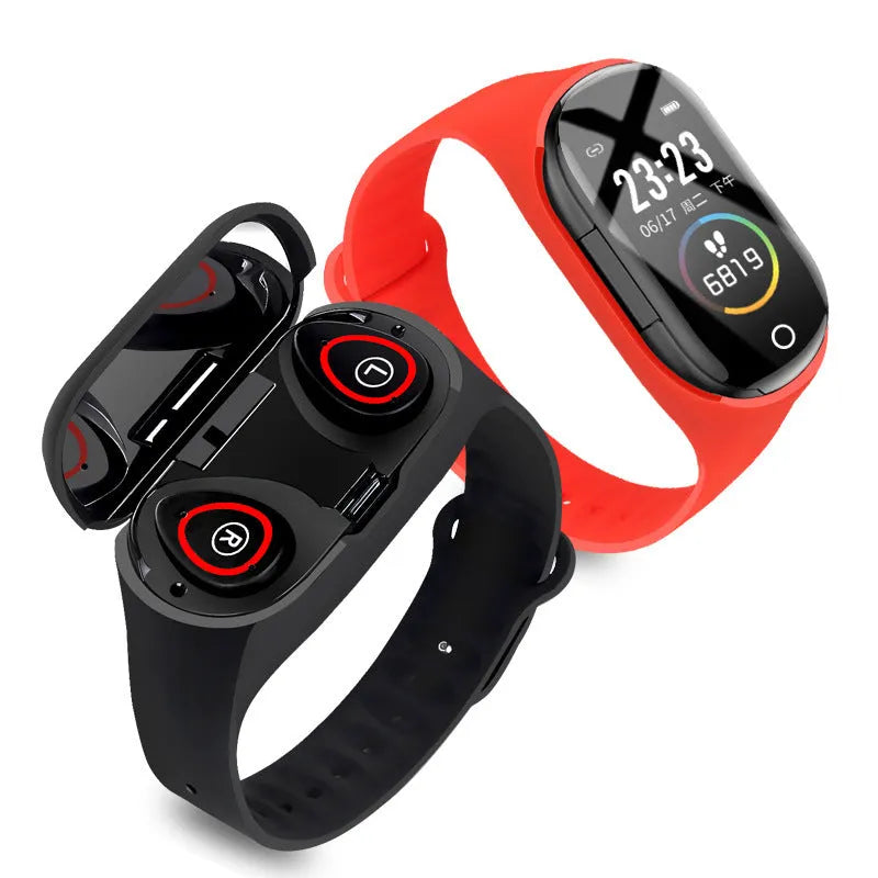 Smart bracelet earphone combo with touch screen display on silicone wristband in multiple colours