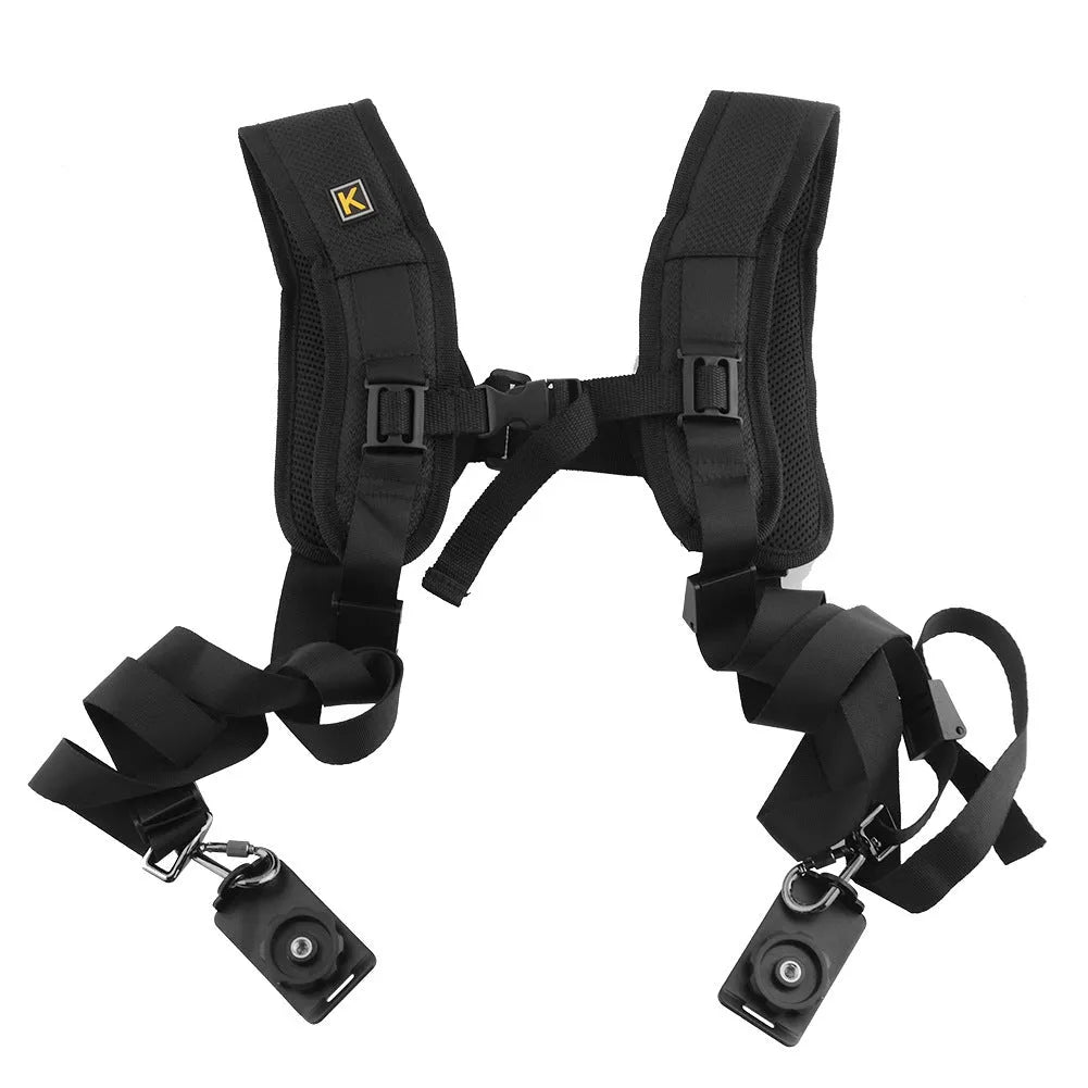 Black dual SLR camera shoulder strap with thick sponge padding and metal mounting hardware