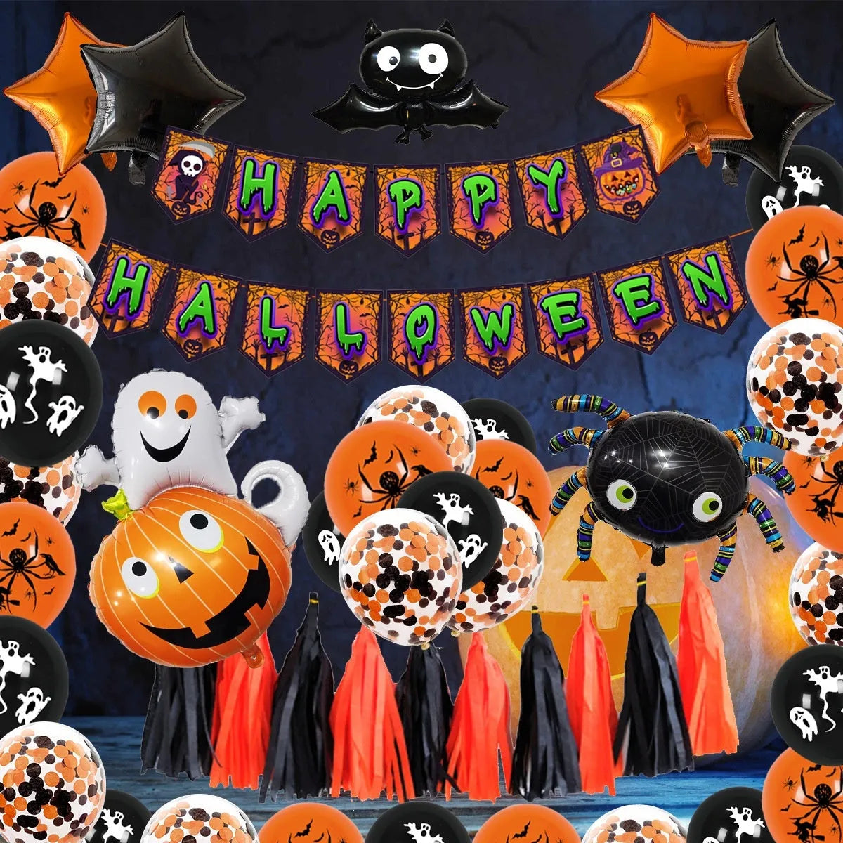 Halloween spider balloon arch decoration set with skull and pumpkin balloons in white and black colours