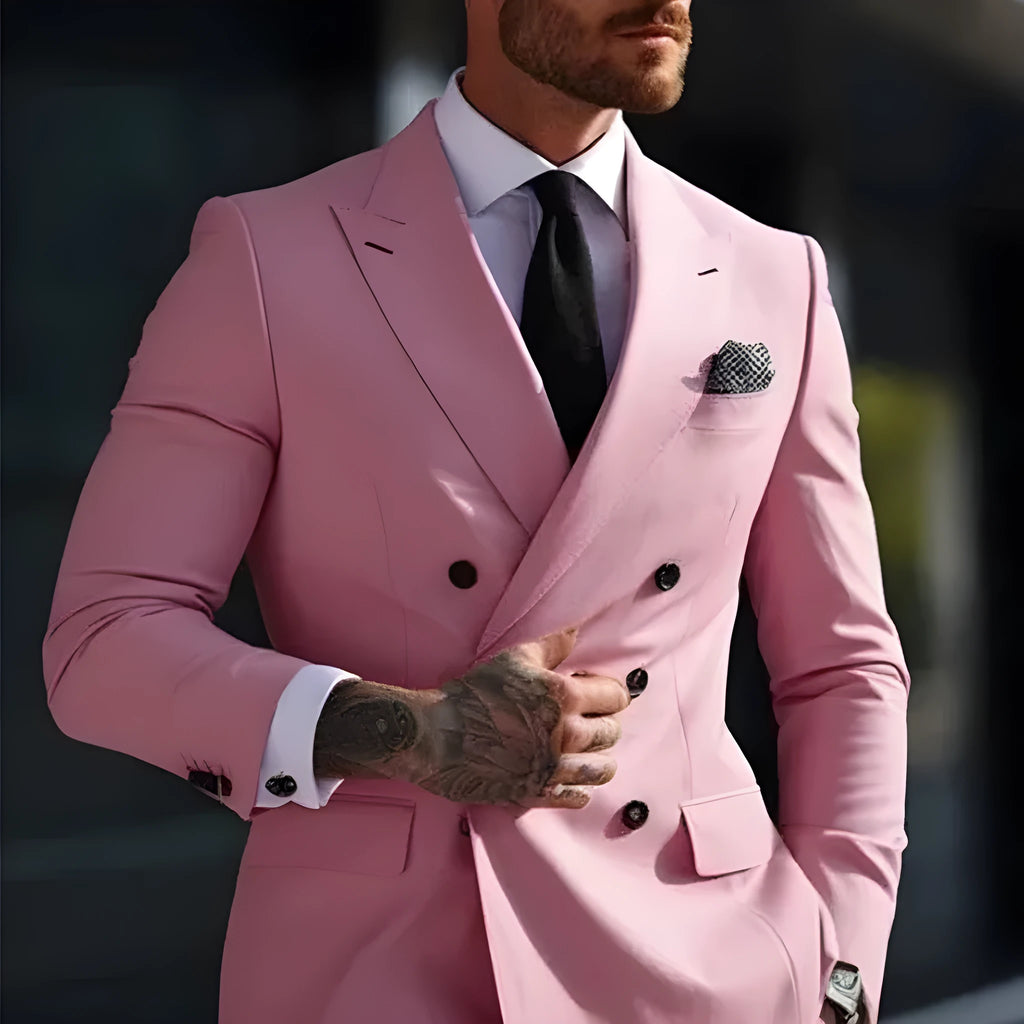 Men's slim fit grey two-piece business suit jacket and trousers on a hanger.
