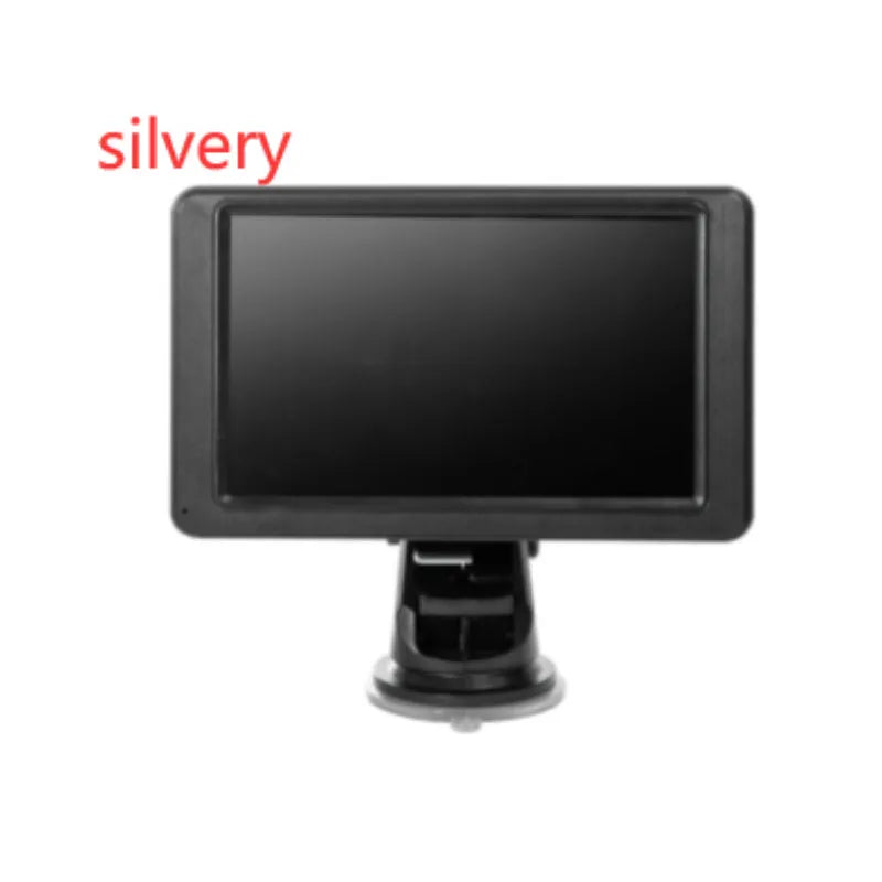 Black 7-inch car MP5 player with mounting bracket and cables on a dashboard.