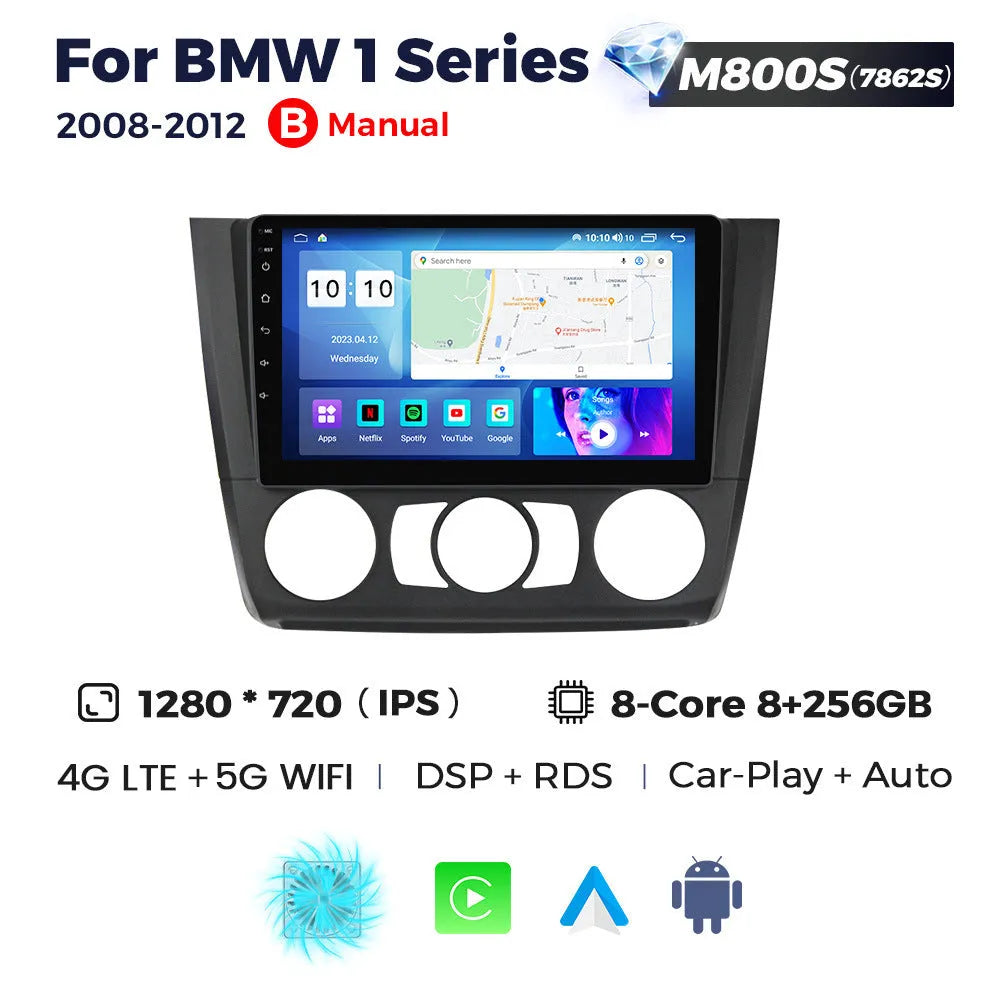 9-inch Android car navigation touchscreen unit for BMW E87 vehicle dashboard.