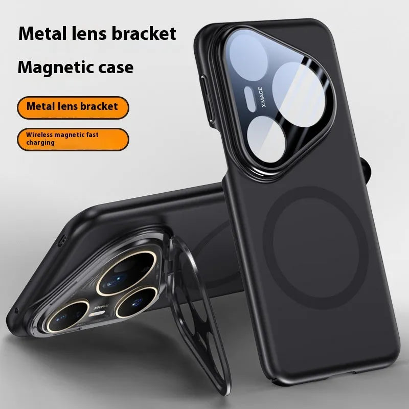Frosted Huawei P80 series phone case with lens bracket and magnetic features in black, silver and red colours