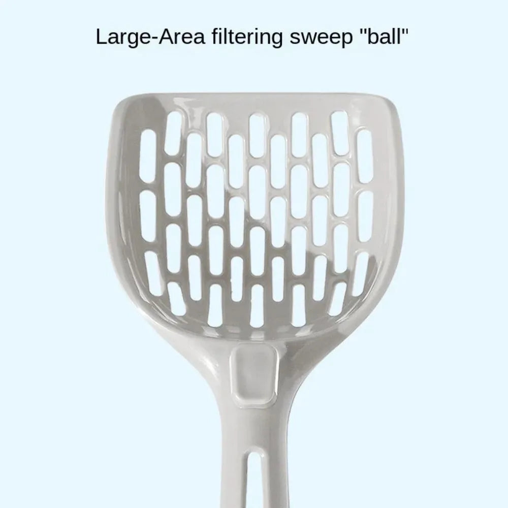 Grey plastic cat litter scoop with base stand showing drainage holes and ergonomic handle
