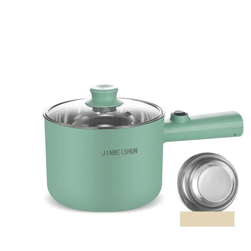 Mini electric hot pot appliance in stainless steel with non-stick coating and included cooking accessories