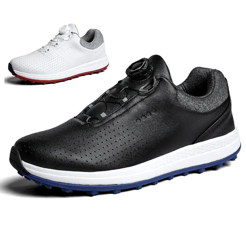 Men's white low-top casual golf shoe with breathable upper and textured non-slip sole.