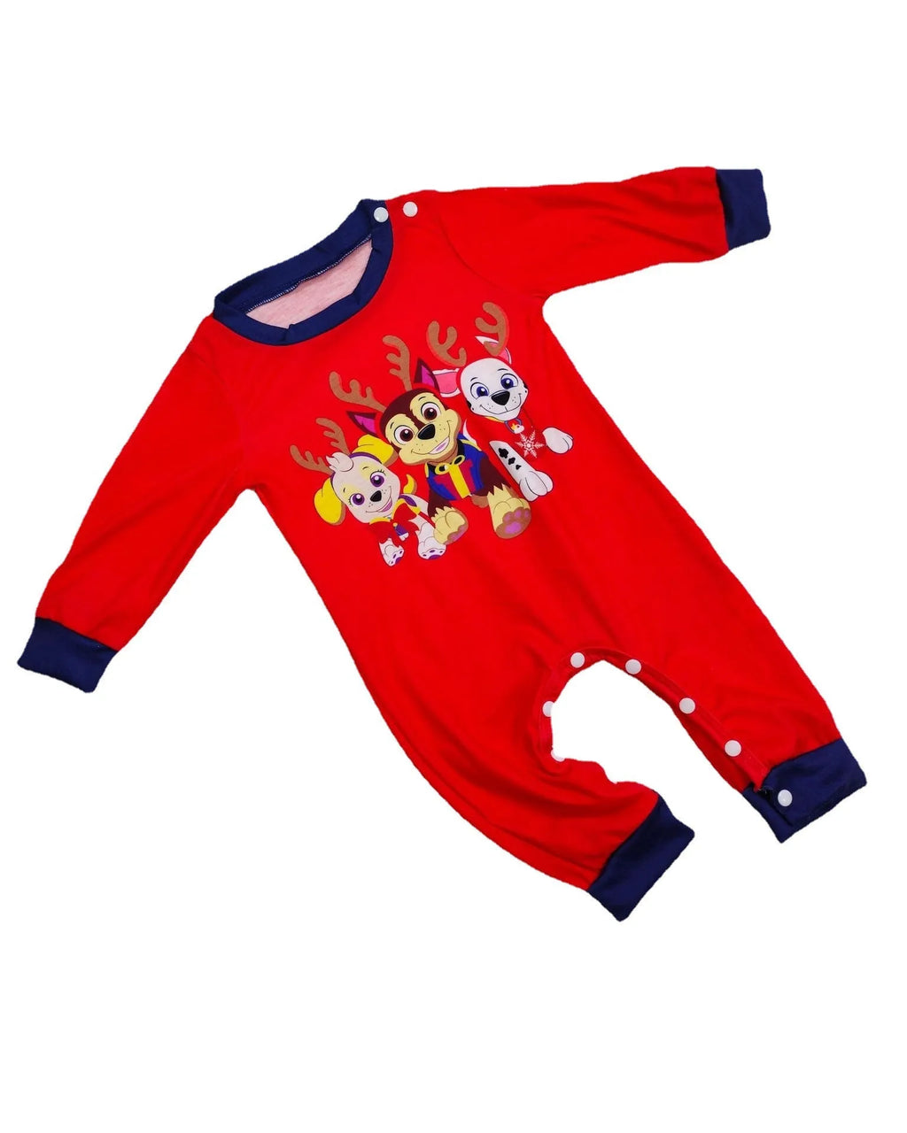 Matching family wearing red plaid Christmas deer print cotton pyjamas, including adults, children, and a dog.