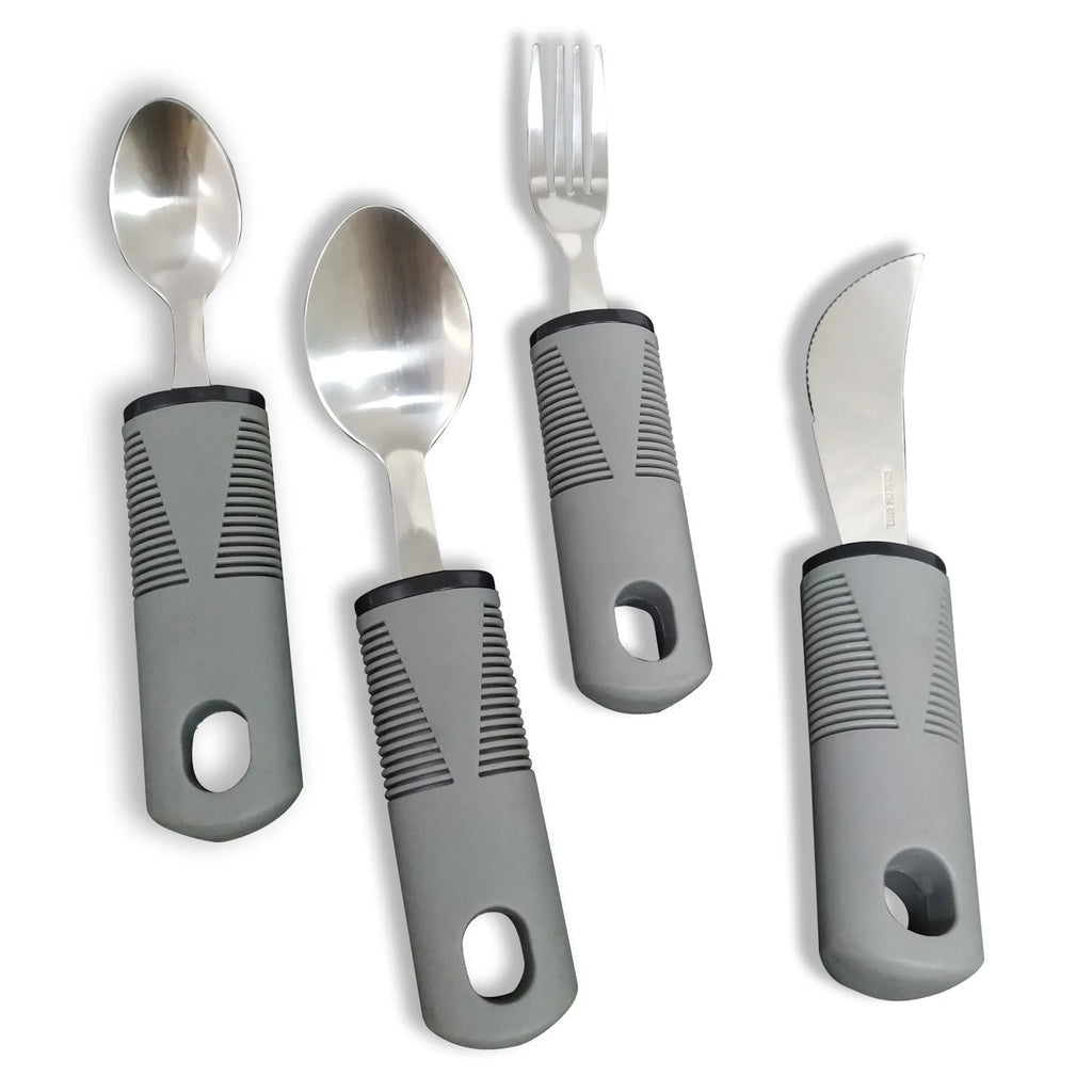 Stainless steel adaptive cutlery set with black rubber handles, showing spoon and fork.
