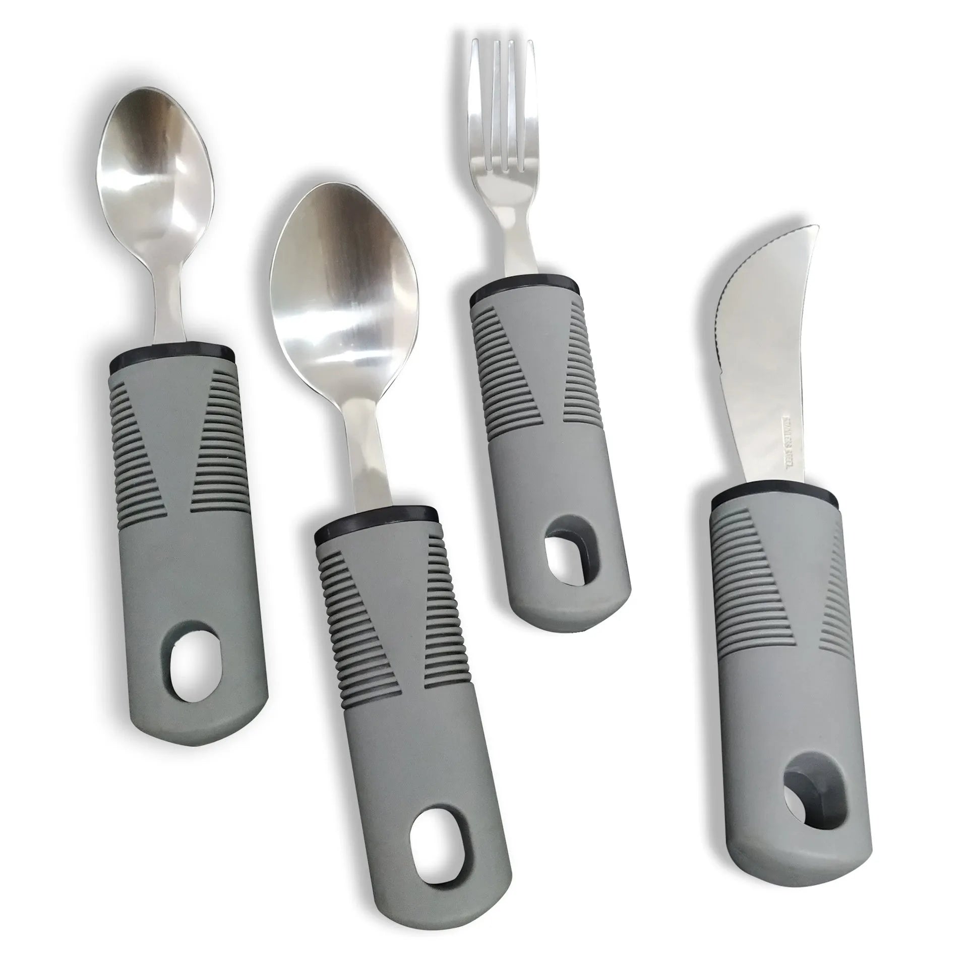 Stainless steel adaptive cutlery set with black rubber handles, showing spoon and fork.