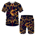 Man wearing a chain pattern printed short sleeve t-shirt and matching shorts casual summer set.