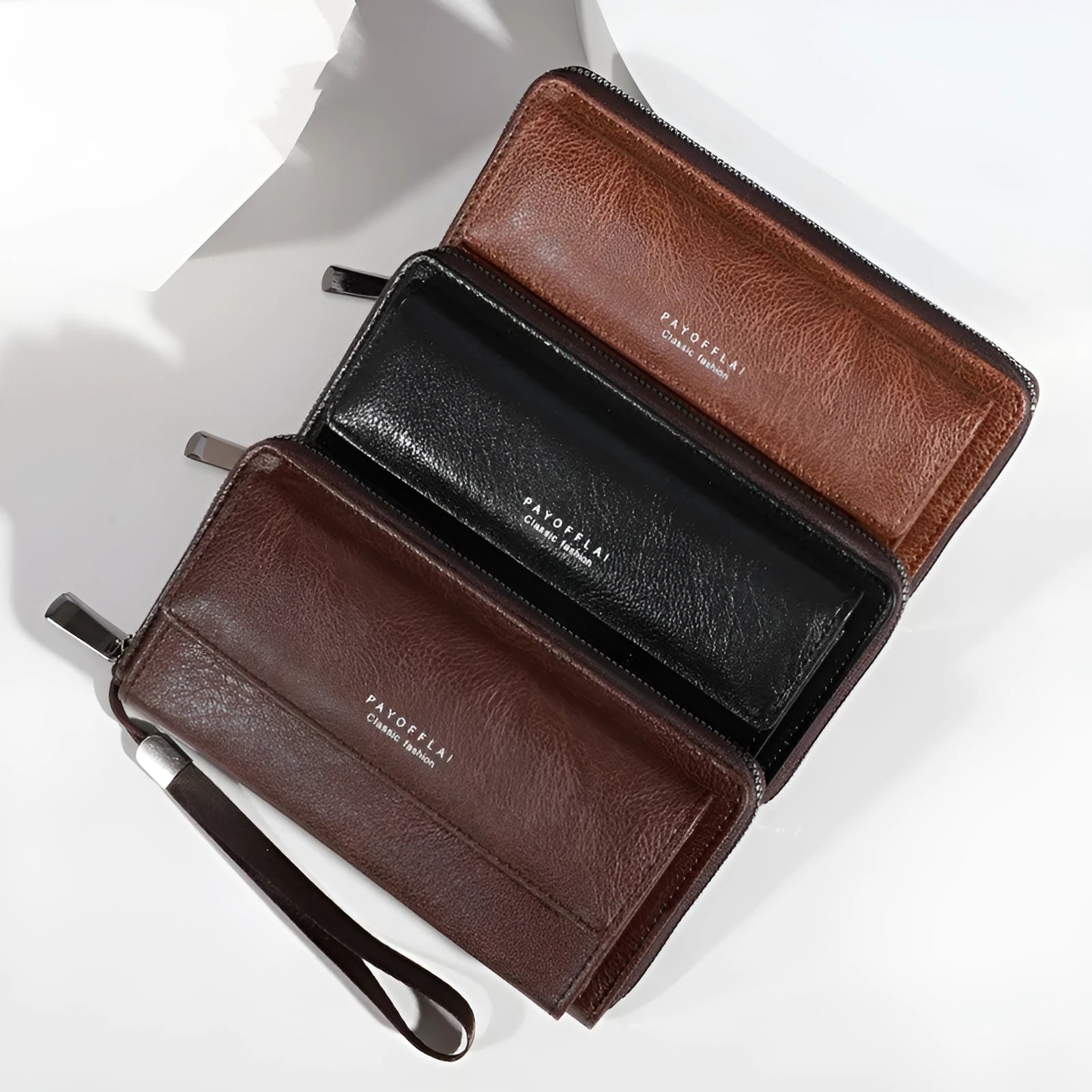 Men's black PU leather bifold wallet with multiple card slots, shown closed.