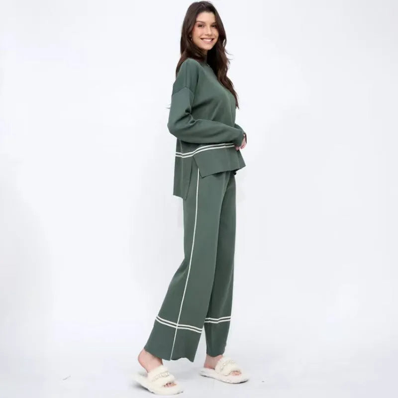 Women's knitted two-piece set with long-sleeve top and pants in five colours, autumn winter casual wear