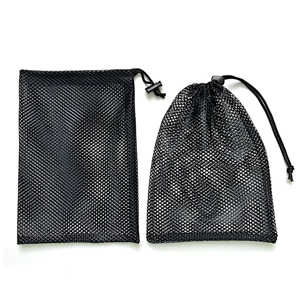 Black mesh drawstring storage bag for children's water balloons and toys.