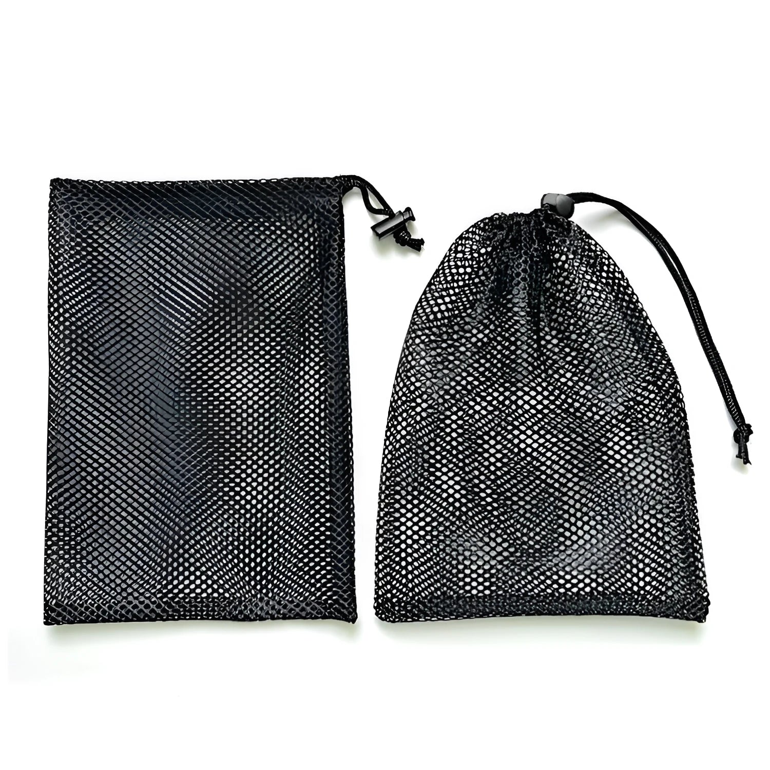 Black mesh drawstring storage bag for children's water balloons and toys.