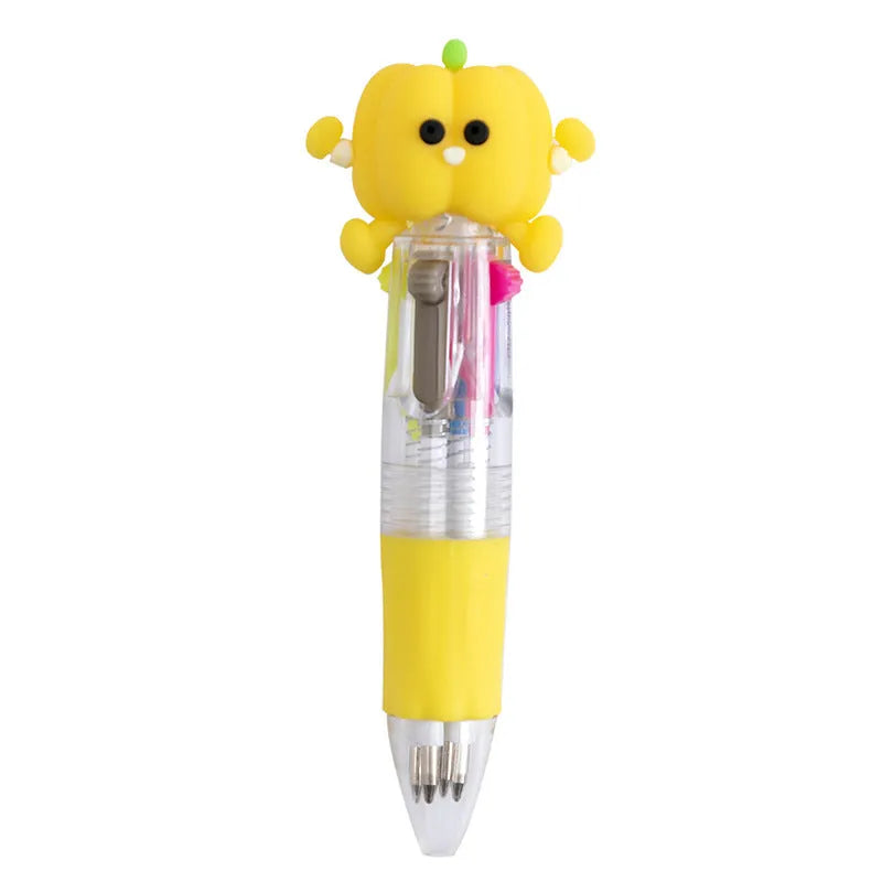 Cute cartoon-themed four-colour press-type ballpoint pen with a silicone grip and 0.7mm tip.
