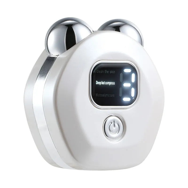 Portable white hot compress micro current double-roller facial massage instrument with USB cable.