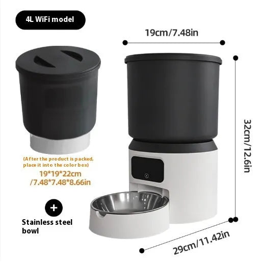 4L smart pet feeder with video camera and choice of stainless steel or plastic bowl on a kitchen floor