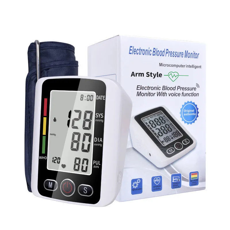 ARM electronic sphygmomanometer with large screen and arm cuff on a table