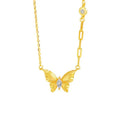 S925 sterling silver brushed butterfly necklace with asymmetric diamond detail on O-ring chain, yellow gold colour