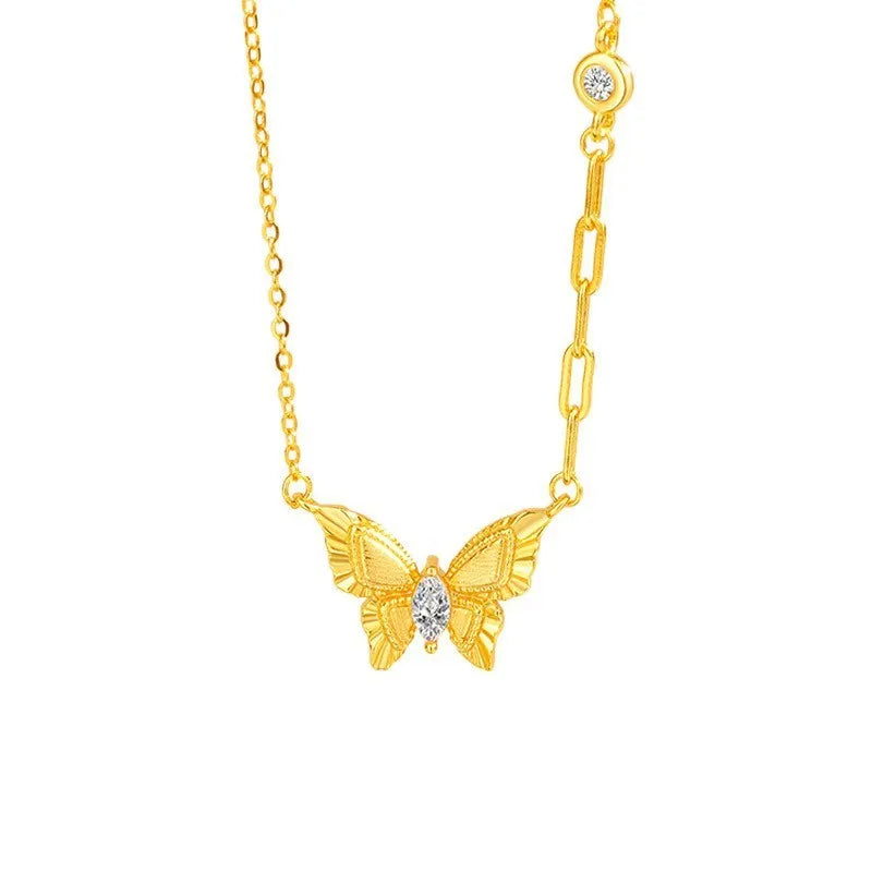 S925 sterling silver brushed butterfly necklace with asymmetric diamond detail on O-ring chain, yellow gold colour