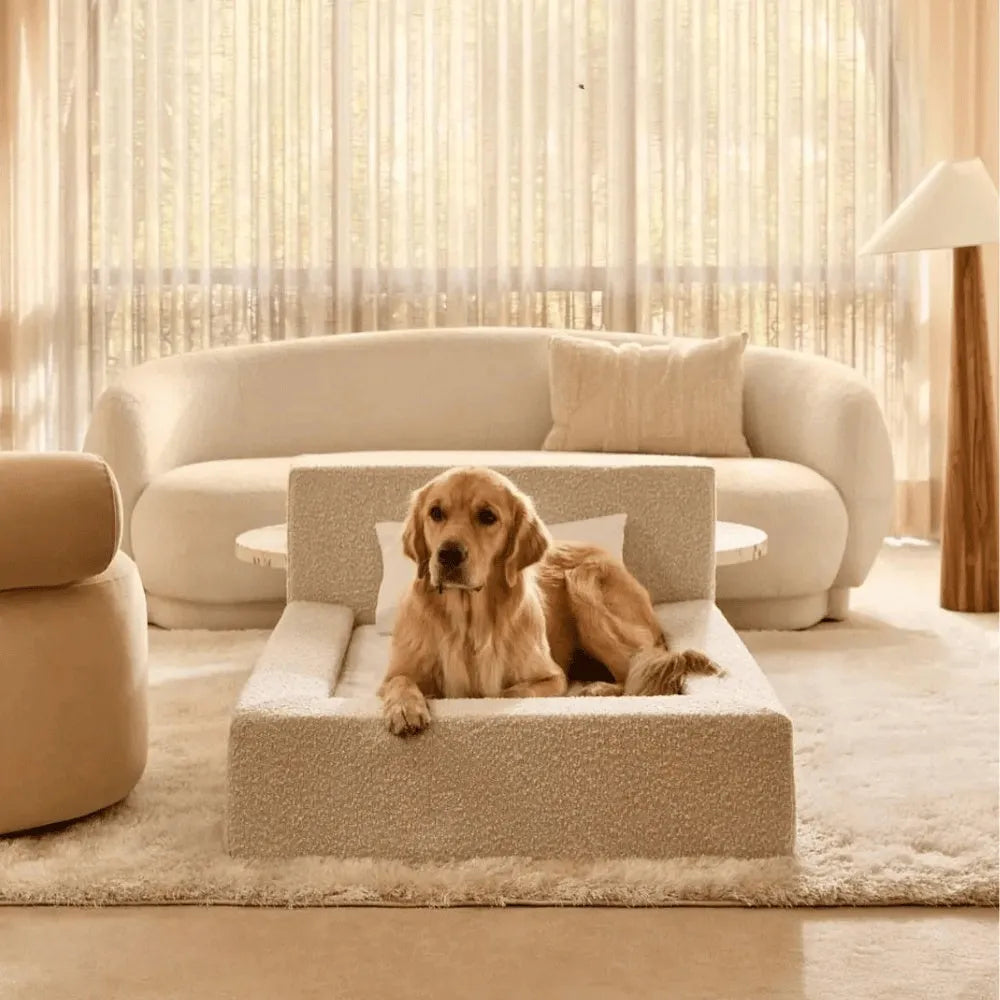 White rectangular dog mat with backrest and sponge filling, size L, on a wooden floor