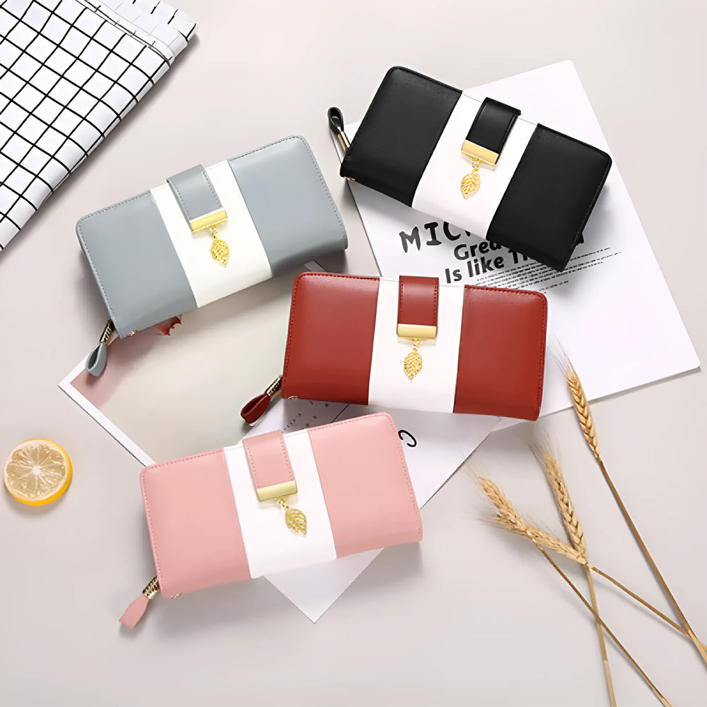 Black anti-theft clutch bag with combination lock showing interior microfiber lining and wallet section.