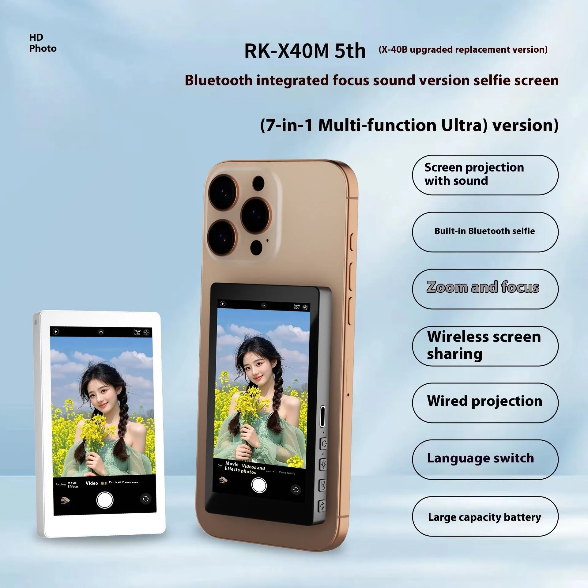 X40M Audio Zoom mobile phone projector with magnetic rear mount showing black, grey and white colour options