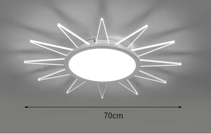Round aluminium LED ceiling lamp with remote control for dimmable white and tricolour lighting.