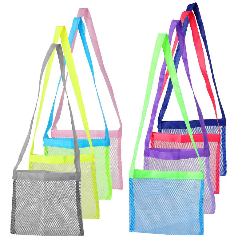 Blue nylon mesh travel storage organiser bag for children's toys and clothing, sealed, measuring 20x25x8cm.