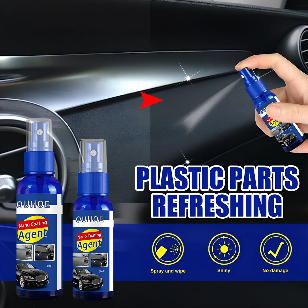 Car interior plastic renovation spray bottle with yellow sponge applicator for dashboard and trim restoration