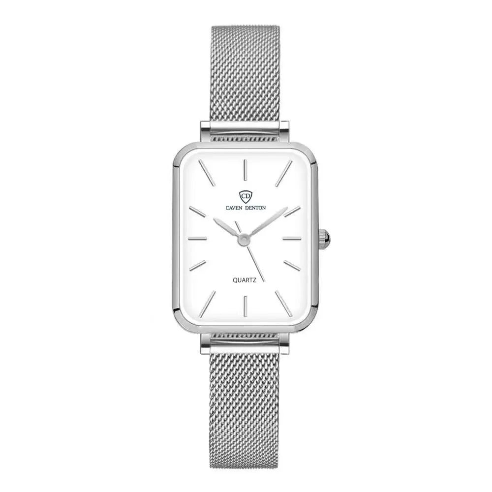 Women's waterproof quartz watch with woven steel strap in rose gold or silver.