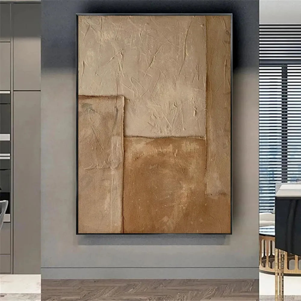 Large handmade abstract oil painting on canvas, brown textured medieval wabi-sabi style, vertical one-panel wall art, no frame