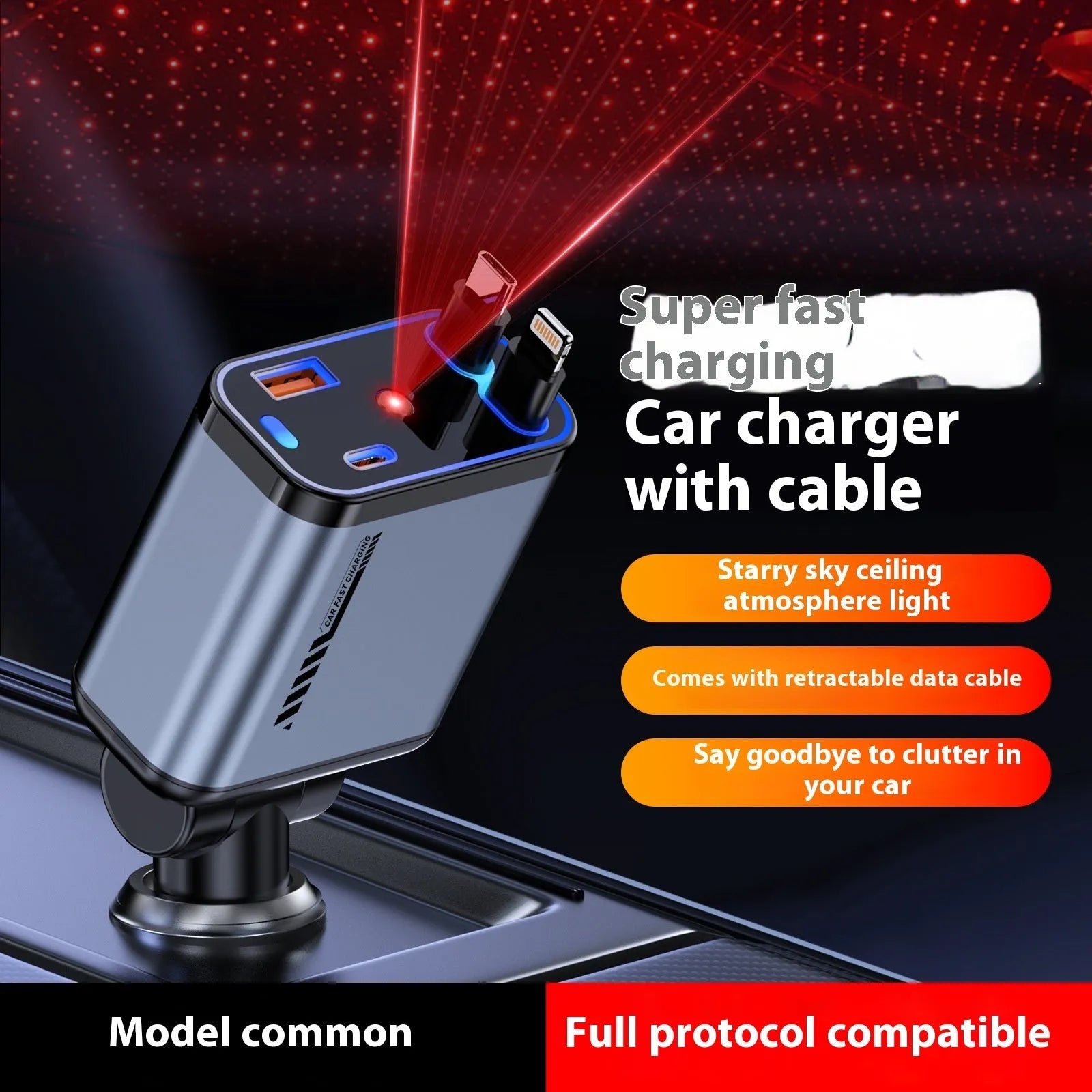 Grey 120W super fast charge star charger with Starry Sky Top and RGB flowing light, USB-C output, stretch-type design
