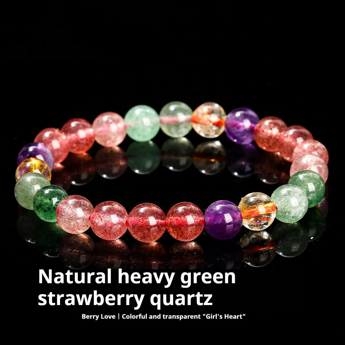 Natural strawberry quartz gemstone bracelet with round geometric beads.