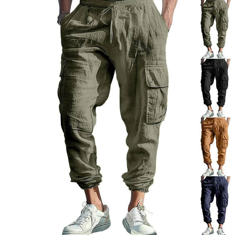 Men's solid colour linen casual trousers with ankle ties and multiple pockets in a loose fit.