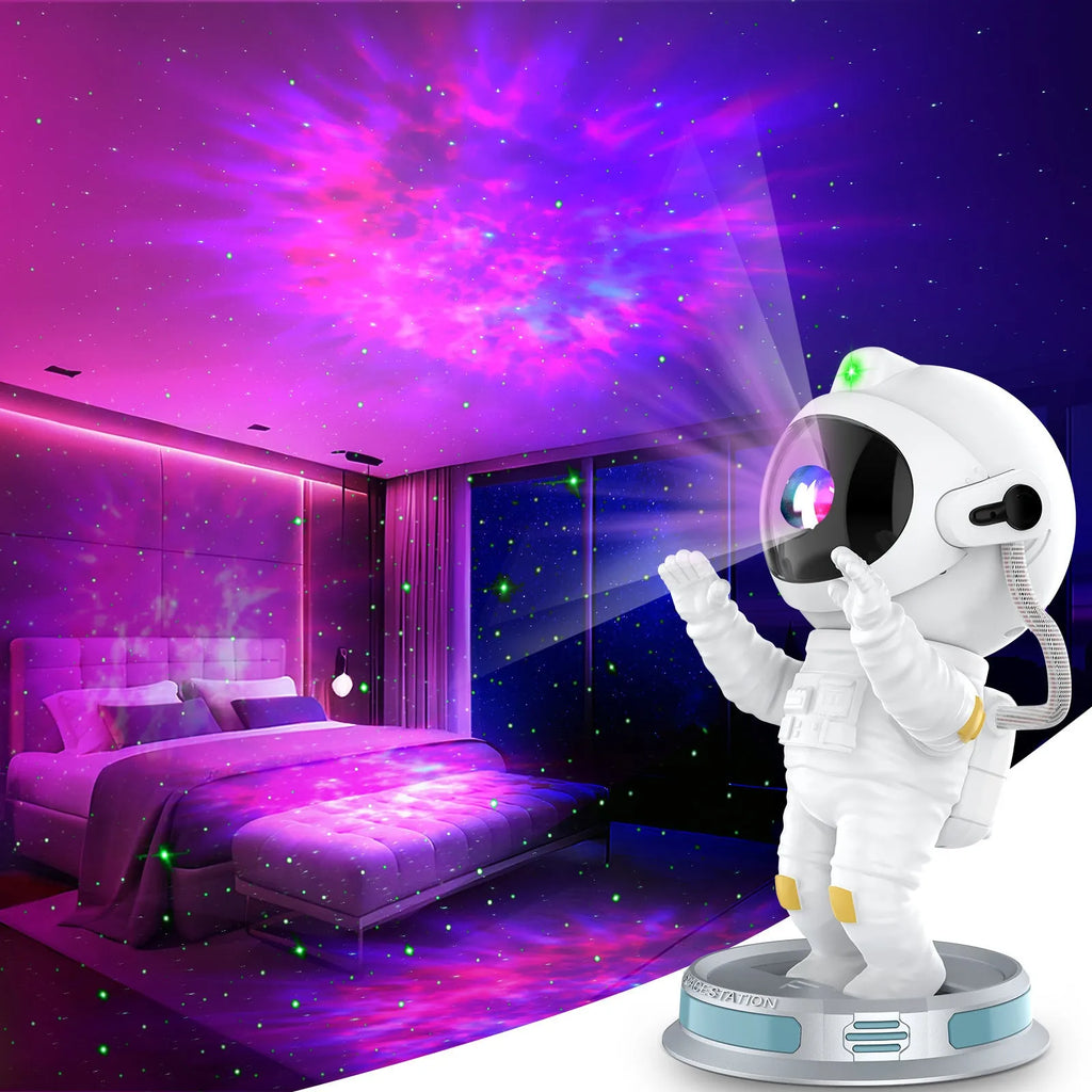 Exit Astronaut Starlight Projection Lamp 22.5cm in white on a surface projecting northern lights onto ceiling