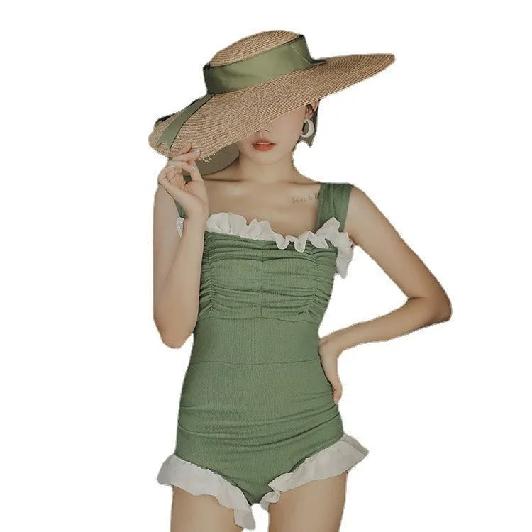 Korean style high-waisted one-piece swimsuit in black, quick-drying polyester fabric, triangle top design