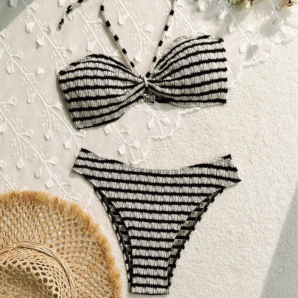 Women's striped bikini swimsuit in split briefs style