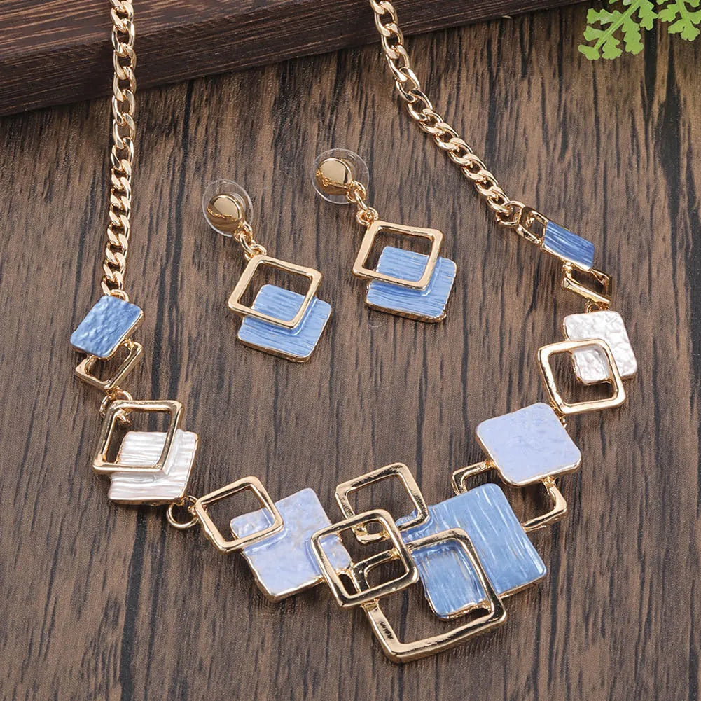 Alloy necklace and earrings set with geometric square oil drip pendant and curb chain