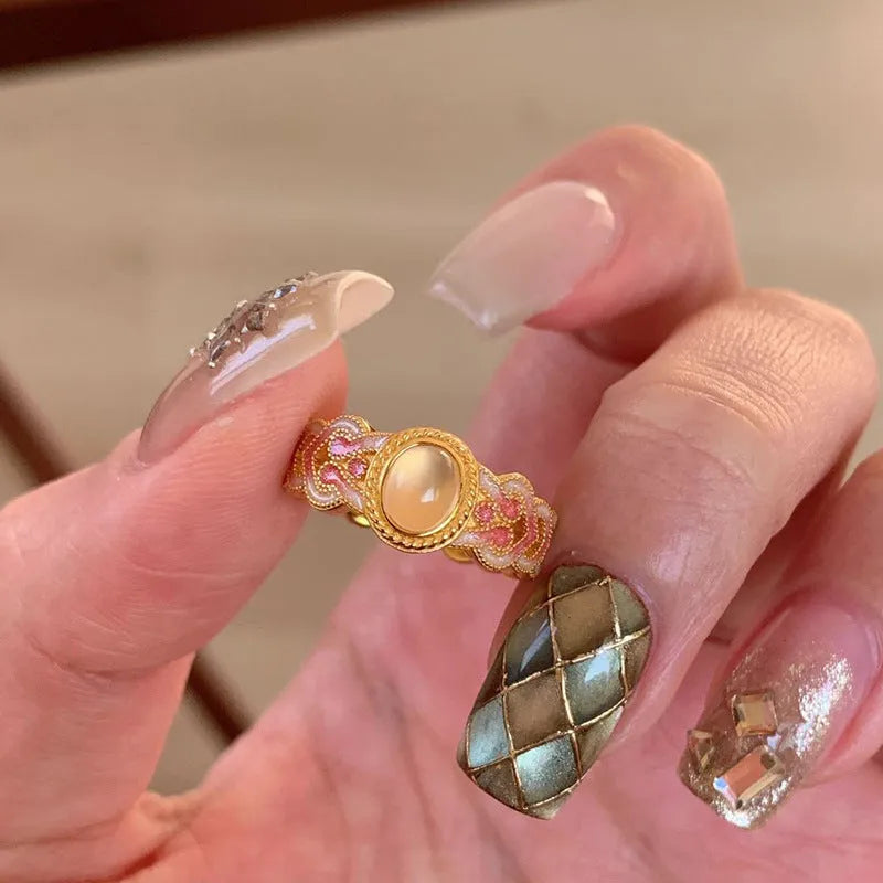 Geometric open gap ring with pink crystal enamel on gold-plated copper for women