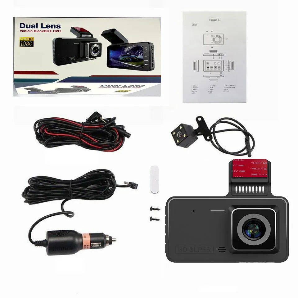 4-inch touchscreen adhesive dashcam with dual lens mounted on car windscreen
