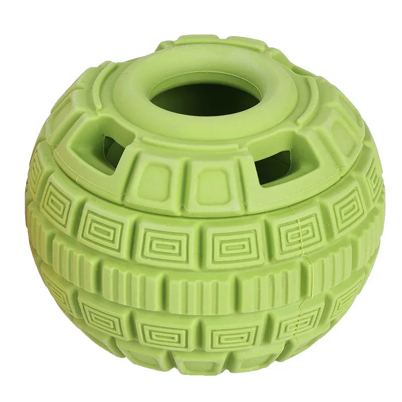 Green or orange natural rubber dog food dropping ball toy for interactive feeding.