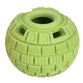 Green or orange natural rubber dog food dropping ball toy for interactive feeding.