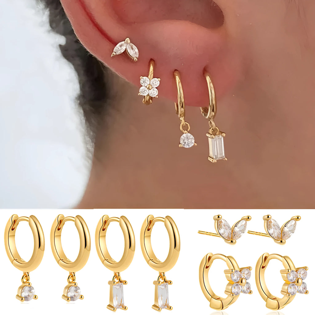 Geometric square zircon four-piece earrings set in gold or silver electroplated finish on copper